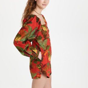 Farm Rio NWOT Red Forest Birds Long Sleeve Linen Romper Size S